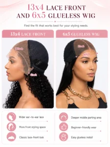 13x4 lace front vs 6x5 glueless wig lace area and styling space comparison