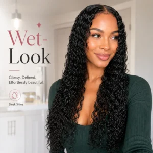 Water wave hair in a wet look with glossy shine, defined curls and sleek texture
